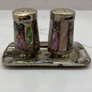 Vintage Miniature Alpaca and Abalone Shell Salt Pepper Shakers with Tray Mexico